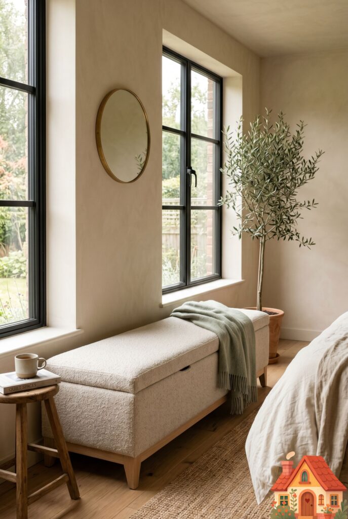 A long, elegant storage bench upholstered in a soft, textured oat fabric, sitting underneath a large bedroom window. The bench is styled with a single casual throw blanket. High-end, functional furniture, architectural interior shot.