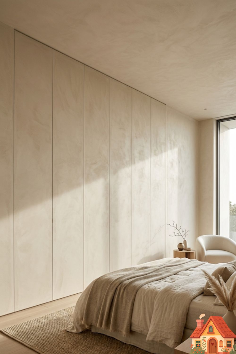 A wide shot of a pristine, high-end bedroom. One entire wall consists of seamless, floor-to-ceiling, handle-less closet doors that perfectly match the warm plaster texture of the surrounding walls. The closets are virtually invisible, creating an unbroken, deeply calming architectural expanse.