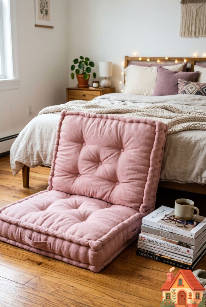 An oversized, square French-tufted floor cushion in a soft dusty pink linen, sitting directly on a hardwood floor in a bedroom. A stack of magazines rests nearby. Relaxed, inviting, cozy teen aesthetic, highly detailed texture.
