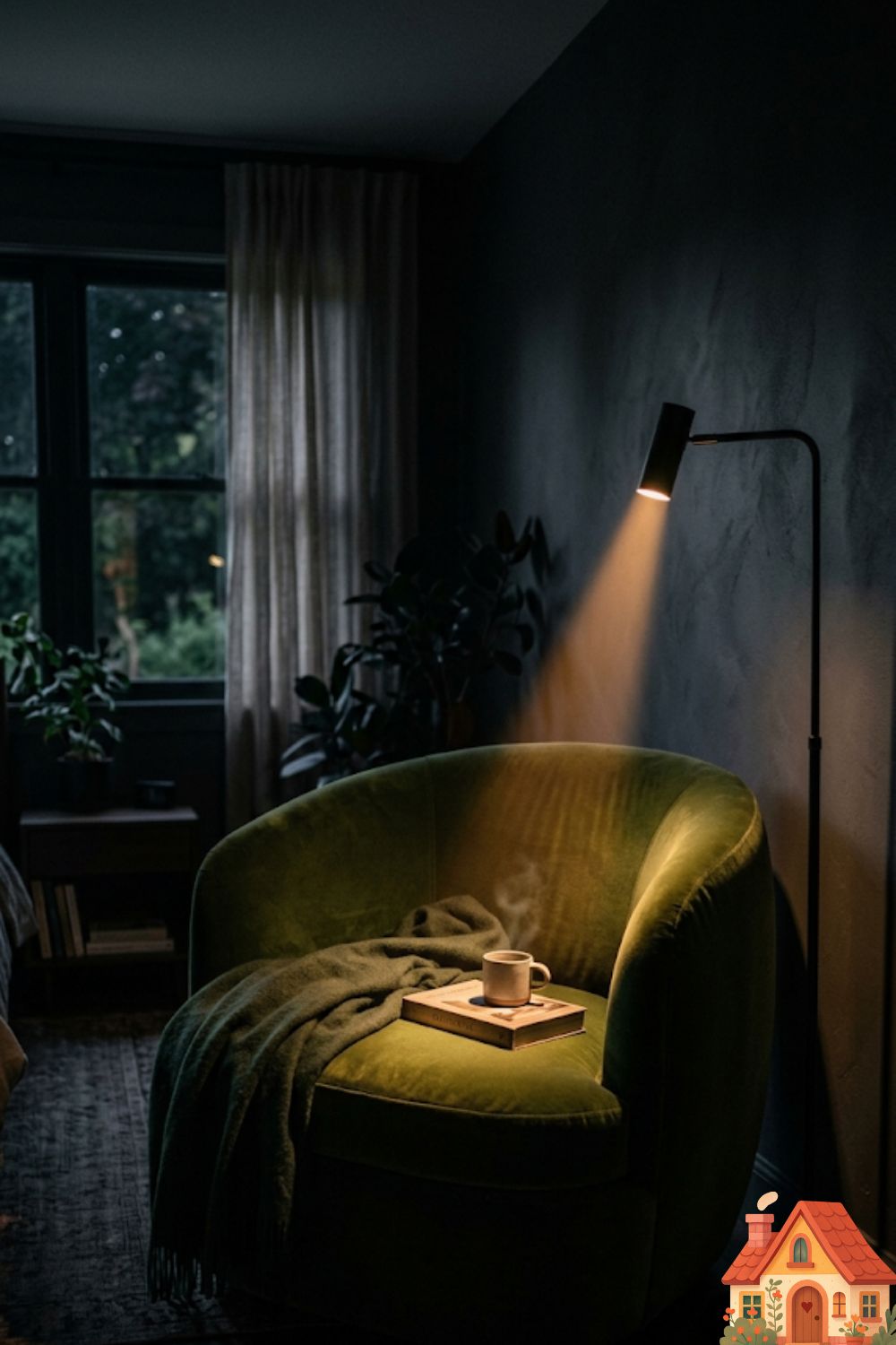 A moody, dimly lit bedroom corner. An oversized, deeply curved armchair upholstered in a rich, dark moss-green velvet sits like a protective shell. A single, focused beam of warm light from a minimalist floor lamp illuminates the seat. A feeling of ultimate privacy and sanctuary.