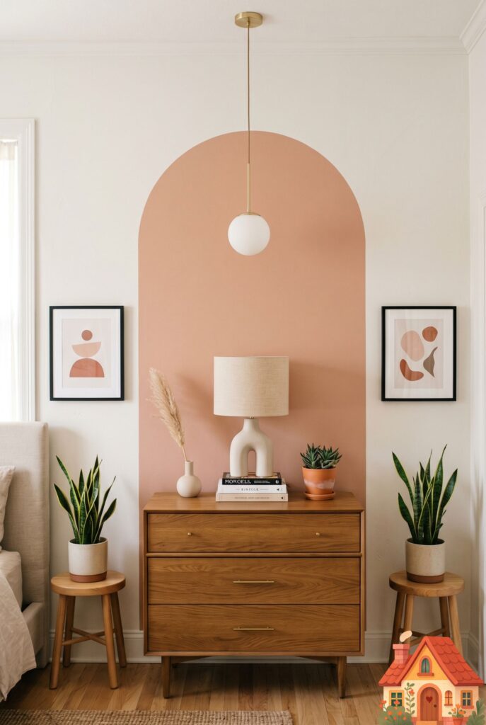  A bedroom wall featuring a painted, perfectly symmetrical arch in a soft terracotta-blush color. A sleek wooden dresser sits perfectly centered within the painted arch. Modern, creative Pinterest aesthetic, perfectly balanced composition.
