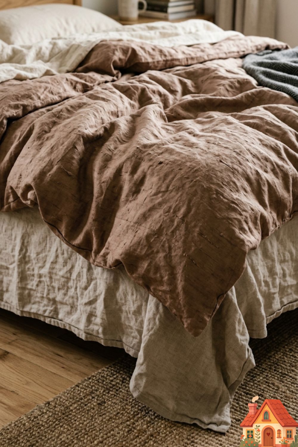 A macro photography shot of layered bedding. The top layer is a stunning, heavily textured raw silk duvet in a muted, earthy clay tone. The fabric is beautifully, intentionally wrinkled, showing the organic slubs and imperfections of the raw material. Pure, tactile luxury.