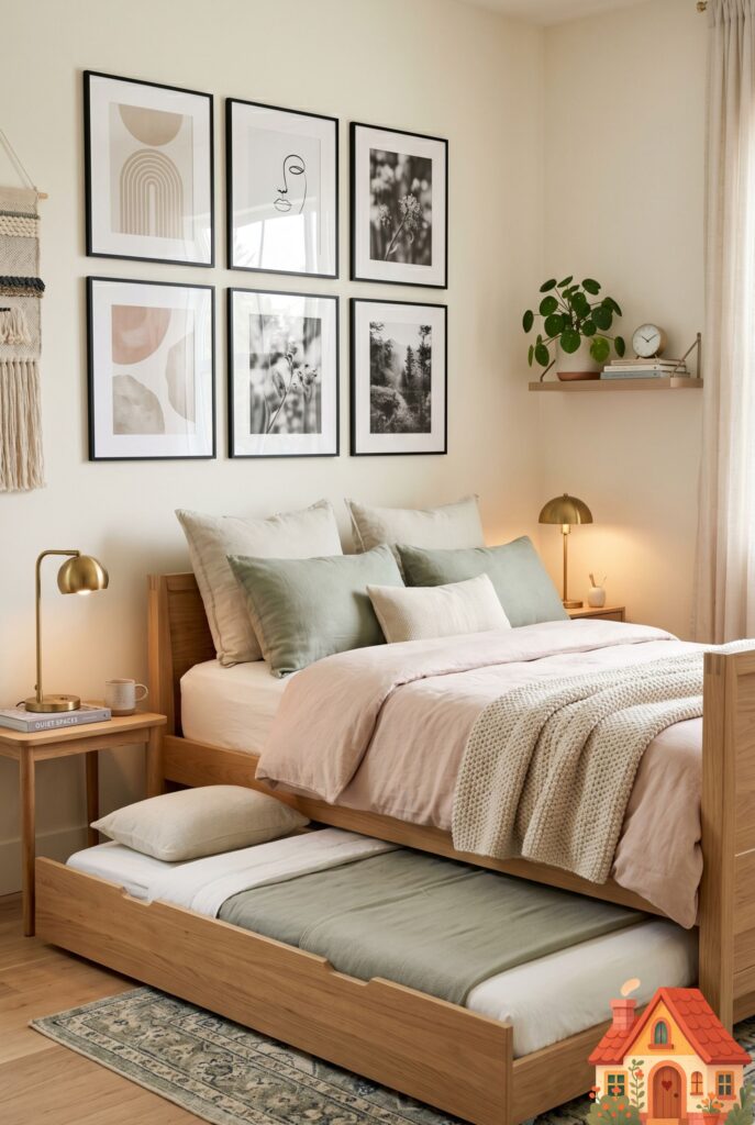  A stylish wooden daybed in a girl's bedroom, dressed in beautiful layered linens. The bottom drawer is slightly pulled out to reveal a hidden trundle mattress made up with cozy sheets. Functional, high-end design, warm ambient light.