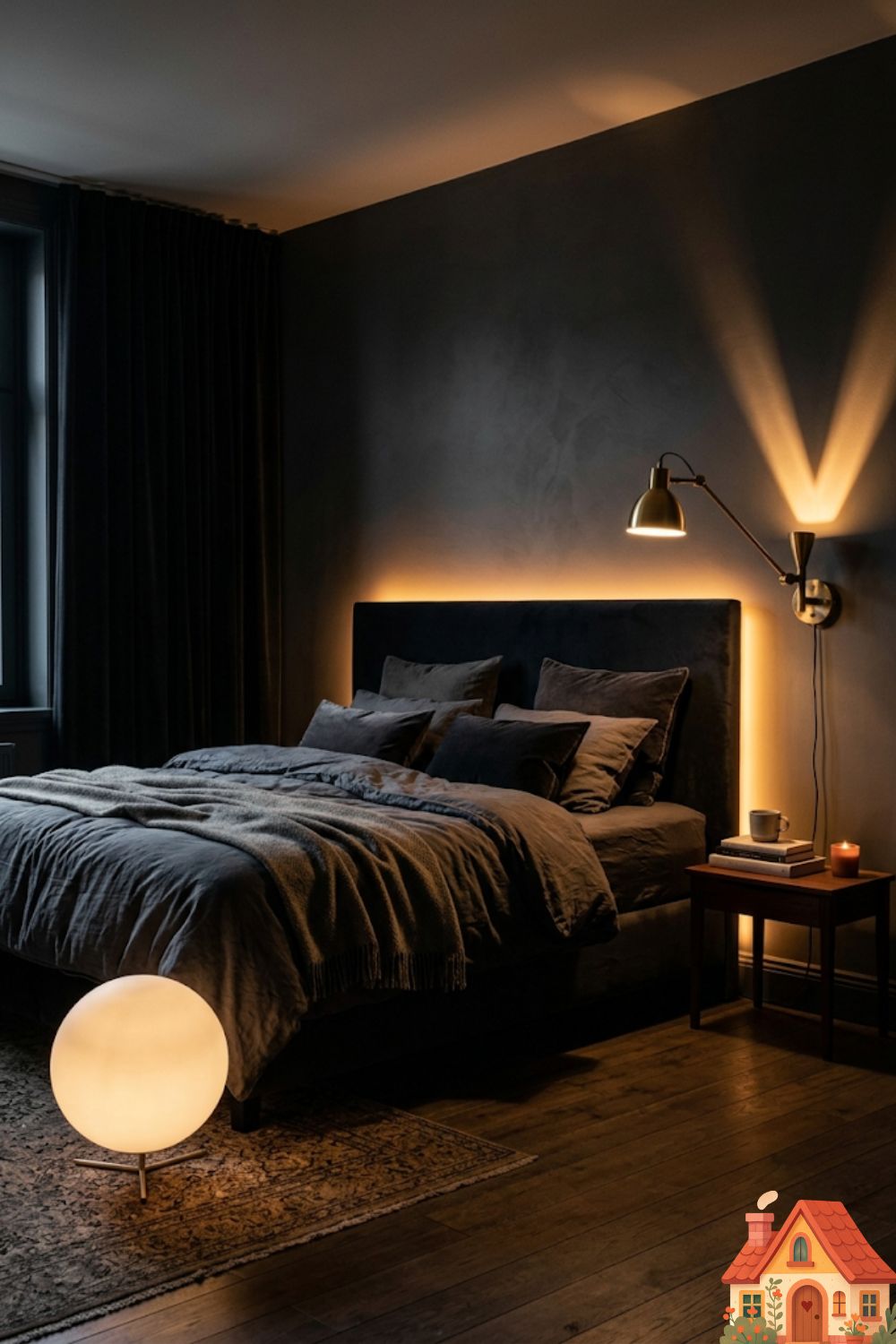 A deeply atmospheric bedroom at night. There are absolutely no overhead lights. The room is beautifully illuminated by a network of low-level light: a glowing orb floor lamp, a warm brass wall sconce casting a V-shape of light, and hidden amber cove lighting behind the bed. Theater-like, deeply emotional lighting.