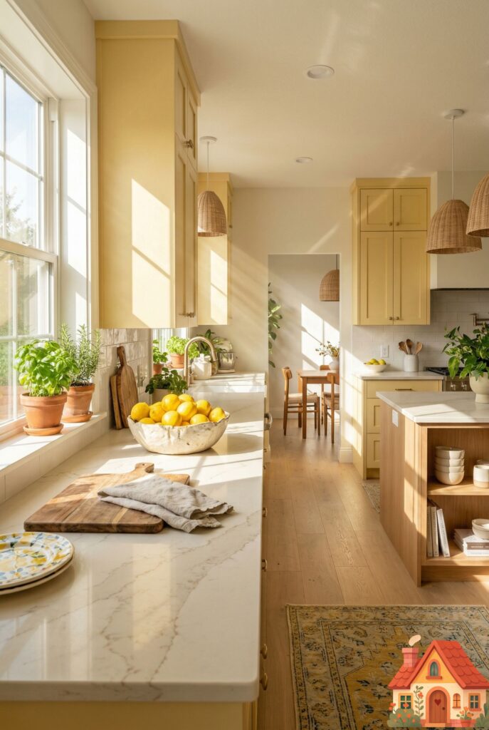 A cheerful, sun-lit modern kitchen featuring soft, matte butter-yellow cabinetry. The countertops are a creamy, warm white quartz with very subtle taupe veining. Sunbeams cast long, beautiful shadows across the room. A hand-thrown ceramic bowl of fresh lemons sits on the counter. Joyful, airy, and emotionally uplifting.