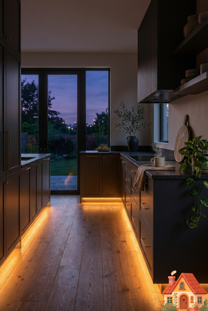 A modern kitchen captured at dusk. The main overhead lights are completely off. The room is beautifully illuminated by a warm, amber LED light strip glowing from the toe-kick at the bottom of the base cabinets, casting a soft, theatrical, sunset-like glow across the wide-plank wooden floor. Deeply relaxing mood.