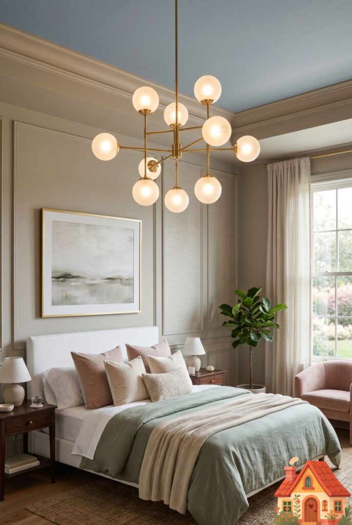 A breathtaking, delicate brass and frosted glass modern chandelier hanging from the center of a softly lit bedroom. The lighting is elegant and diffused. High-quality professional interior photography, sophisticated aesthetic.