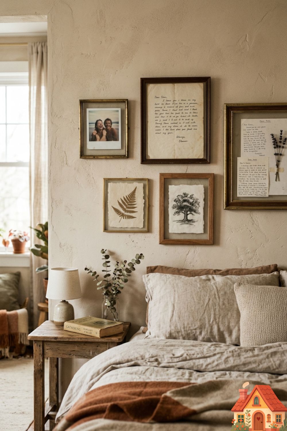 A deeply personal bedroom gallery wall. A collection of five beautifully aged brass and wood frames hung asymmetrically on a textured plaster wall. Inside the frames are intimate items: a faded polaroid photo, a handwritten letter on aged paper, a pressed botanical leaf, and a small charcoal sketch. Sentimental and highly aesthetic.