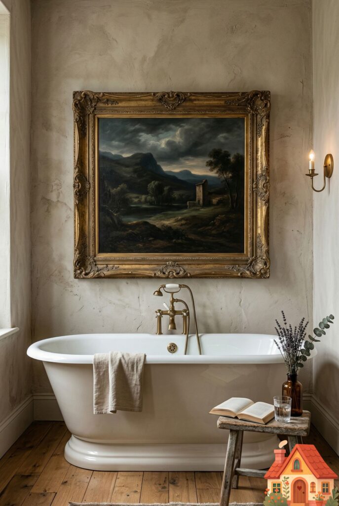 A beautiful, freestanding bathtub set against a textured plaster wall. Hanging directly above the bathtub is a stunning, authentic-looking vintage oil painting of a moody landscape, framed in ornate, aged gold. The presence of fine art in the bathroom creates a deeply sophisticated, emotional atmosphere.