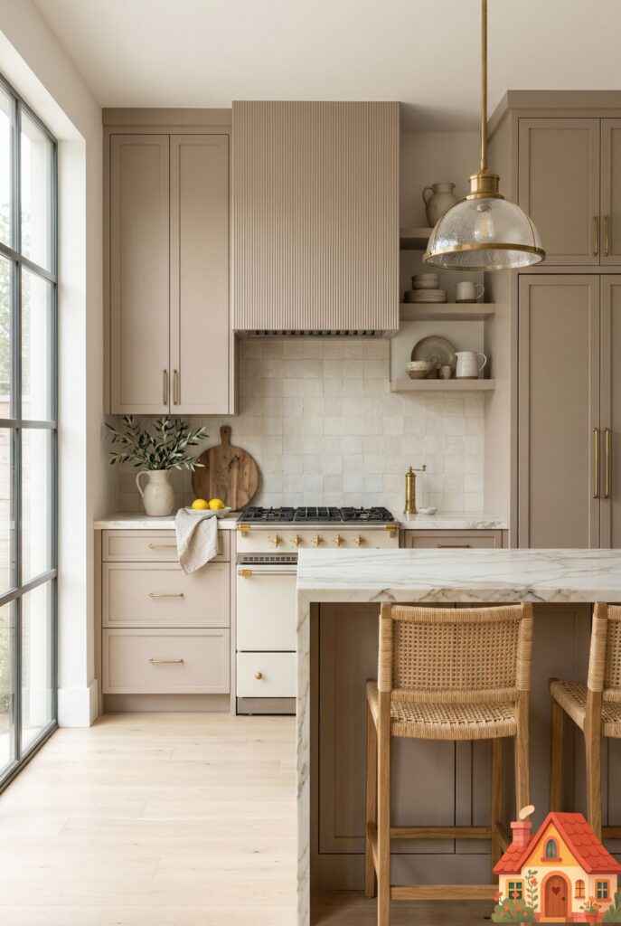 A beautifully lit kitchen featuring 'Skinny Shaker' style cabinetry in a soft, warm taupe color. The cabinet doors have incredibly thin, elegant borders. The hardware consists of minimalist, aged-brass minimalist pulls. The aesthetic is the perfect, harmonious blend of traditional warmth and sharp modern design.