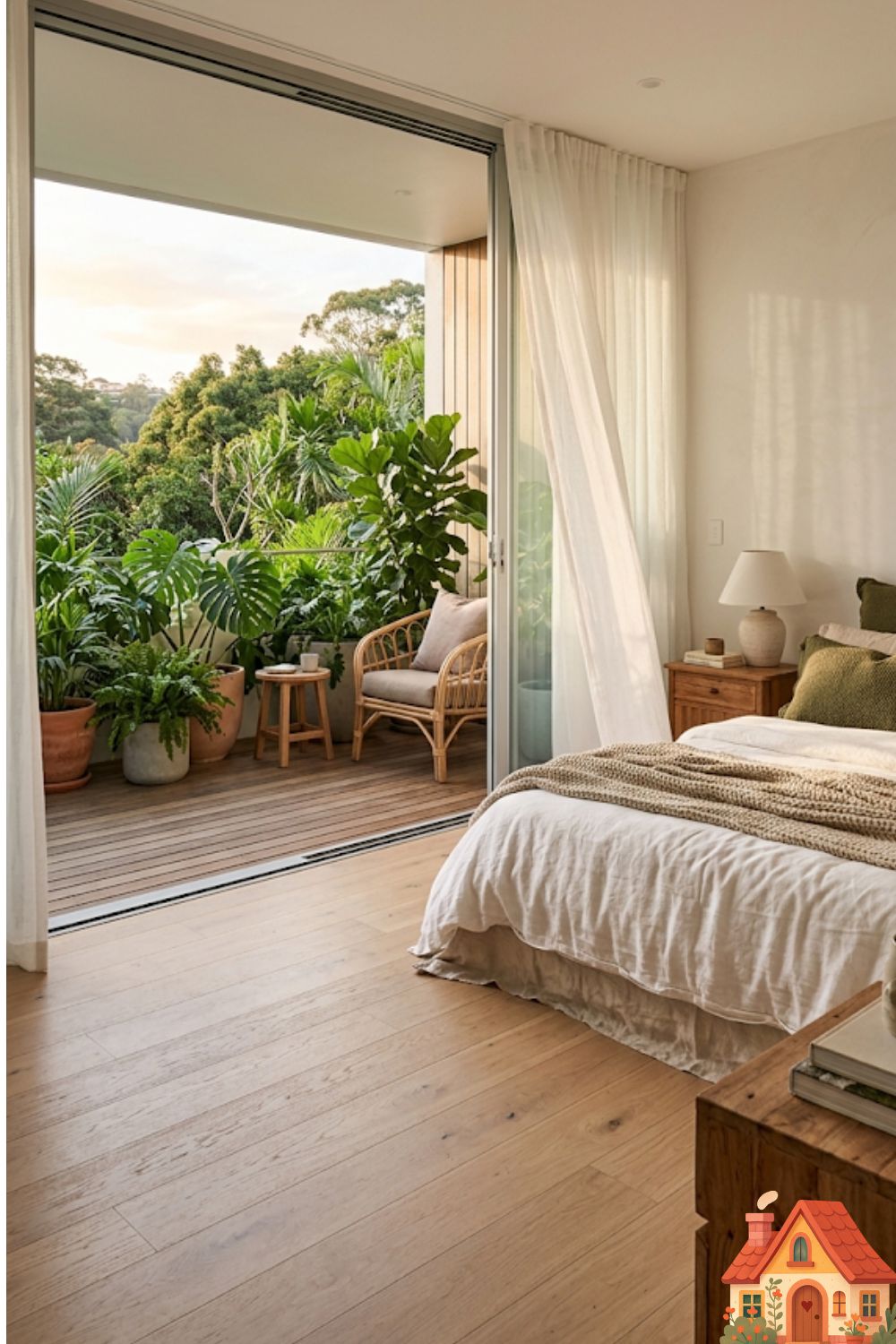 An epic bedroom with the entire far wall made of massive sliding glass panels, opened wide to a private, lush balcony. The natural wood flooring of the bedroom seamlessly continues onto the balcony decking. A gentle breeze is moving sheer, feather-light linen curtains. Perfect harmony between inside and nature.