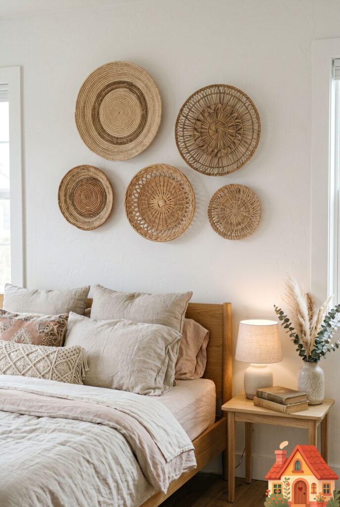 A bedroom wall beautifully decorated with an asymmetrical arrangement of five shallow, intricately woven wicker and seagrass baskets. Soft white wall background, natural organic textures, warm bohemian interior styling, hyper-realistic.