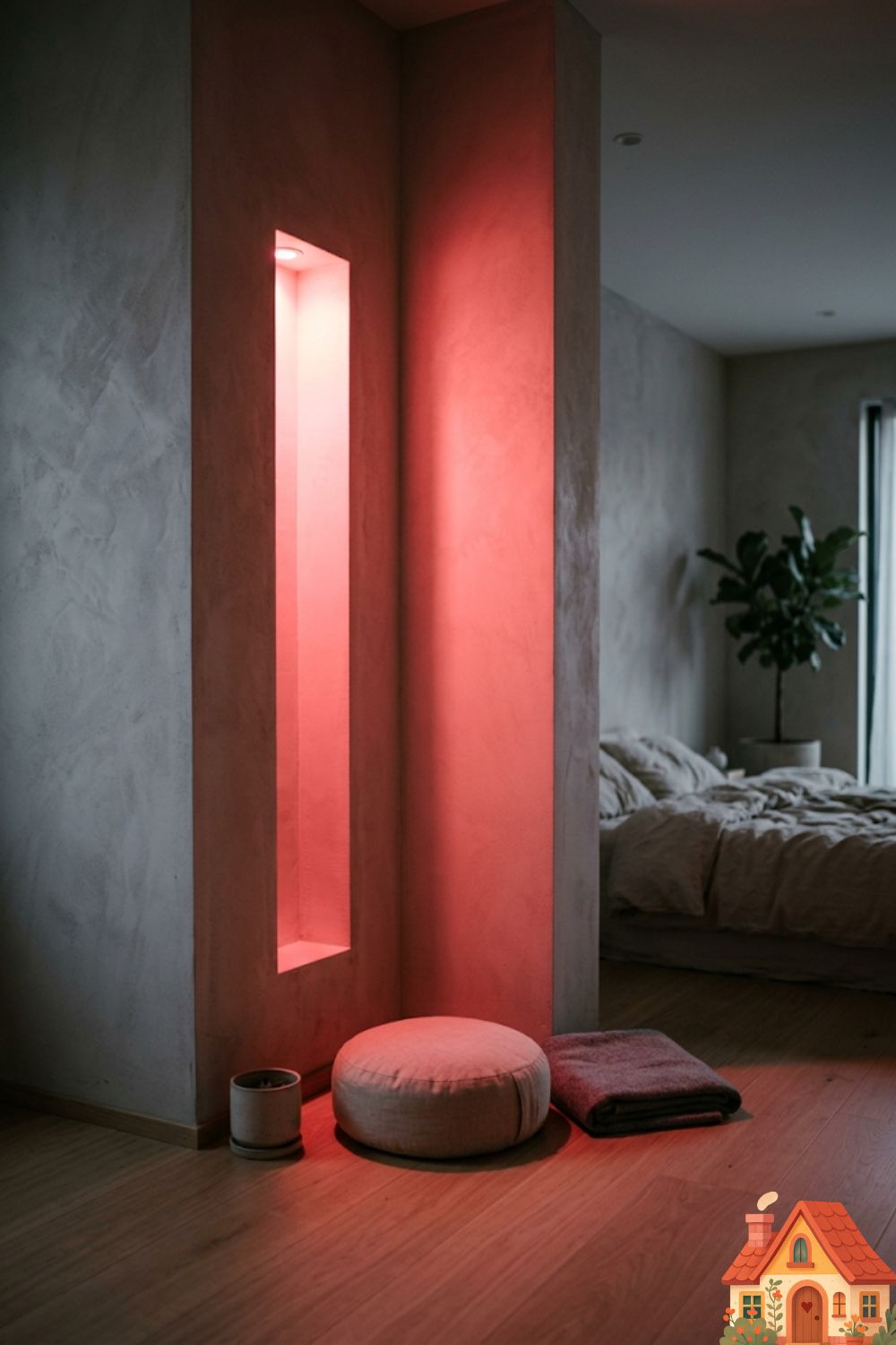 A sleek, modern bedroom corner designed for wellness. A vertical, recessed architectural niche in the wall is emitting a deeply saturated, soft, healing red light. A simple meditation cushion sits directly in the glow of the red light. The rest of the room is in soft, moody shadow.