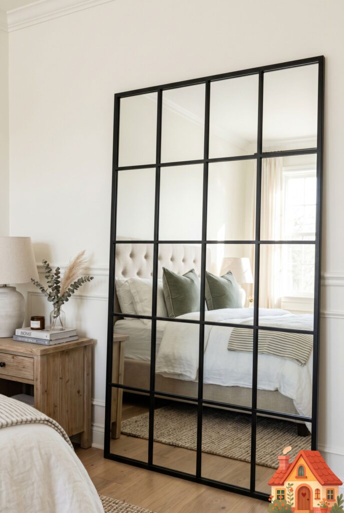 A large, black metal grid window-pane floor mirror leaning against a bedroom wall. It reflects a beautifully made bed and a sunlit room. Bright, airy, modern-traditional aesthetic, highly detailed editorial style.