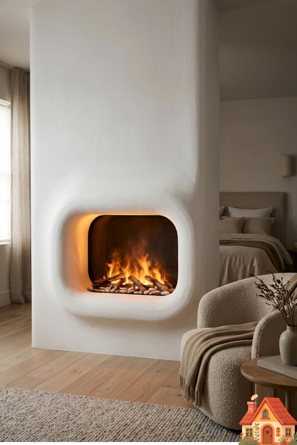 A beautifully curved, organic-shaped fireplace built into a smooth, white plaster bedroom wall. The design is fluid, without sharp edges. Inside, a hyper-realistic water-vapor electric fire glows warmly with orange and yellow flames, adding an incredibly cozy, primal warmth to the serene space.)