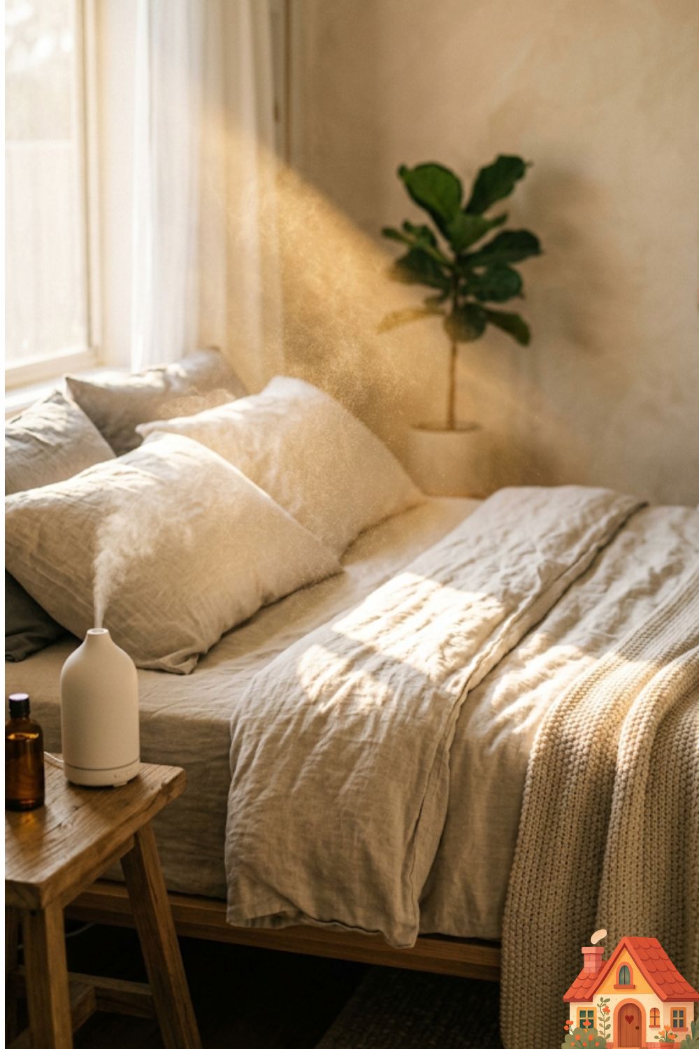 A visually poetic representation of scent in a bedroom. A shaft of golden afternoon sunlight cutting across a perfectly made, minimalist bed. Visible in the light beam is a very fine, almost imperceptible mist floating gracefully, suggesting the constant, silent diffusion of a calming, luxurious fragrance. Ethereal and peaceful.)