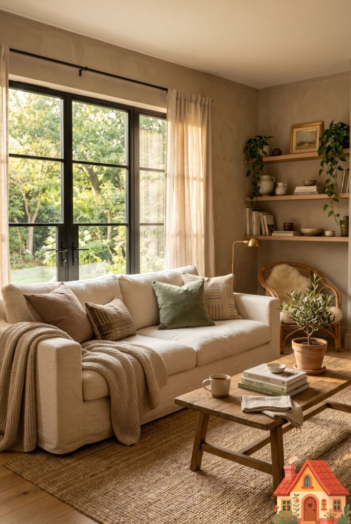 Editorial interior photography of a cozy 2026 living room featuring walls painted in a warm, mushroom-toned greige. A plush, cream-colored linen sofa sits in the center. Soft, golden-hour sunlight streams through large windows, highlighting the warm undertones. High resolution, 35mm lens, photorealistic, welcoming Pinterest aesthetic.