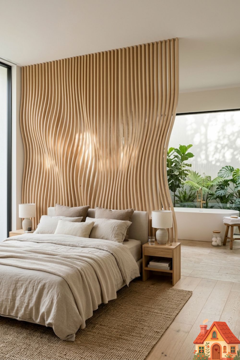  large, luxurious bedroom suite. A stunning, floor-to-ceiling room divider made of undulating, perfectly curved vertical blonde wood slats separates the sleeping area from a freestanding soaking tub in the background. The curves are sensual and soft, allowing light to filter beautifully through the gaps.