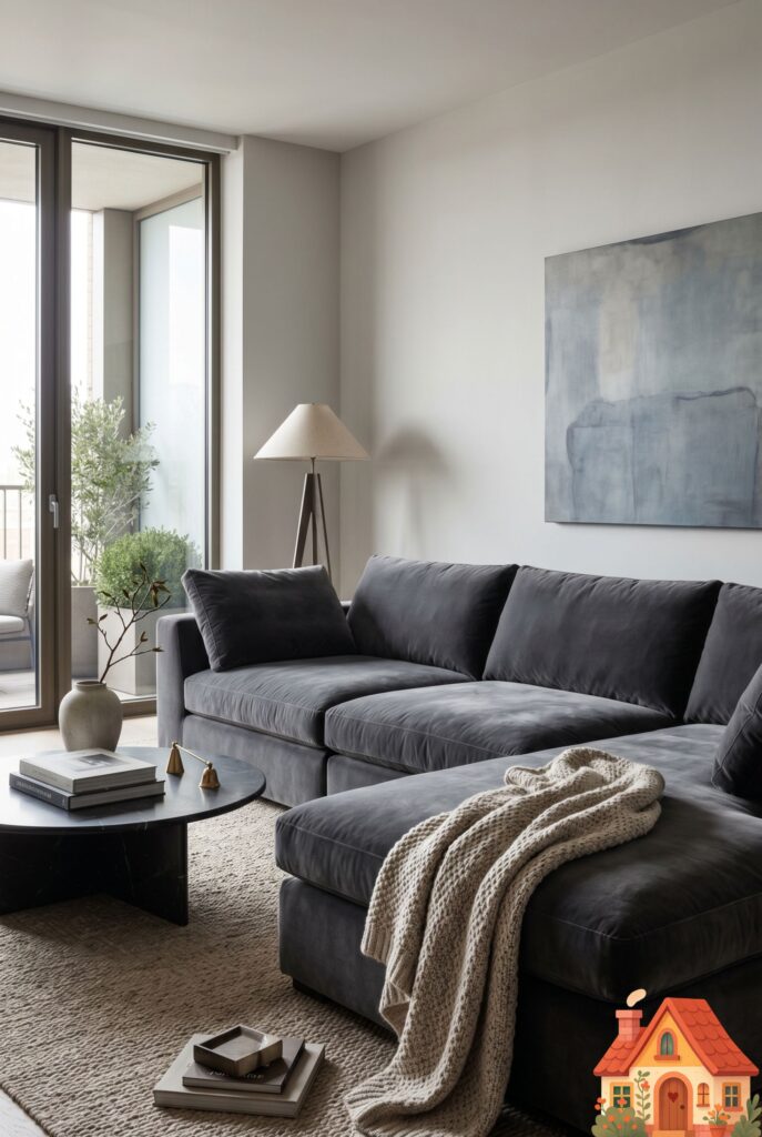 A stunning living room centered around a massive, deep charcoal-gray velvet sectional sofa. The velvet texture looks incredibly soft and plush. Neutral, light gray walls behind it. A chunky knit blanket is thrown over one arm. Cozy, luxurious, high-end editorial styling, 8k resolution.