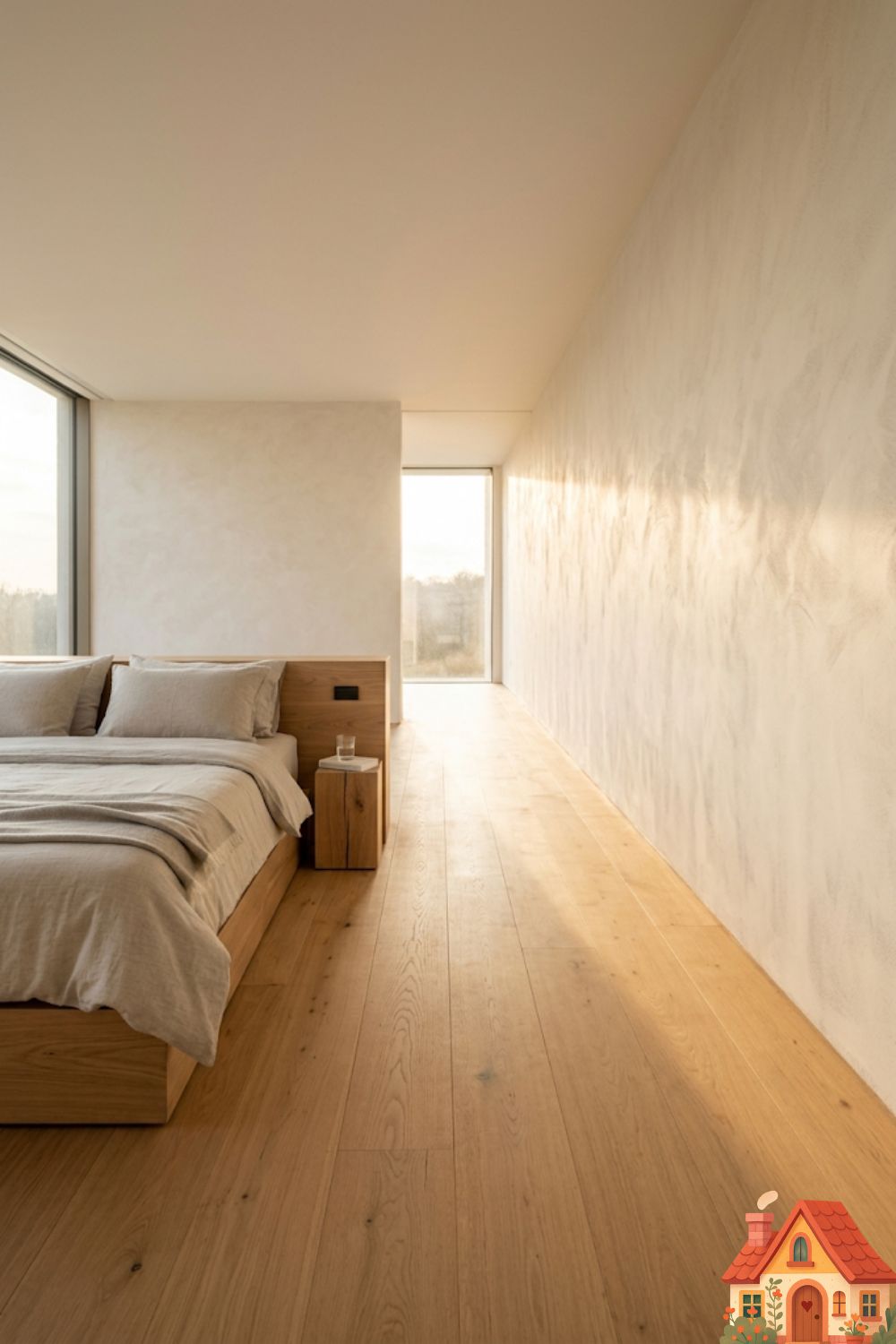AI Image Prompt: A wide, breathtakingly minimal 2026 bedroom. The bed is low and perfectly styled on the left. The entire right half of the room is intentionally, beautifully empty. Just the warmth of the wide-plank oak floor meeting the soft texture of a completely blank, sunlit plaster wall. A profound sense of breathing room, peace, and ultimate serenity.