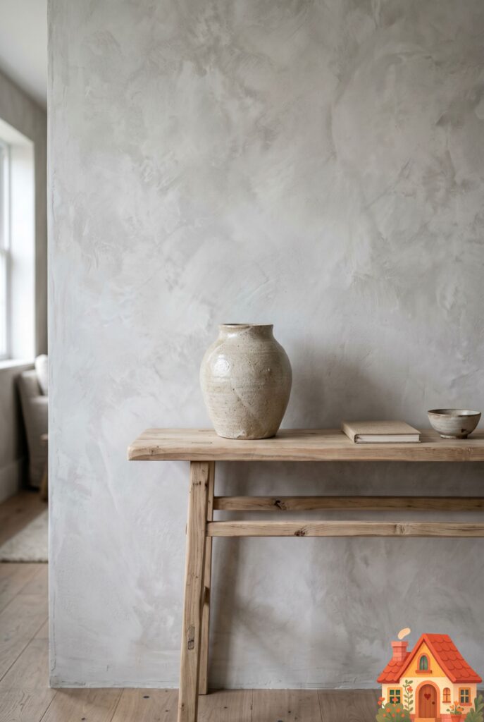 Close-up architectural interior shot of a living room wall finished in a cloudy, textured light-gray limewash plaster. A minimalist organic wooden console table sits against the wall, adorned with a single handmade ceramic vase. Wabi-sabi aesthetic, hyper-realistic, soft diffused lighting.