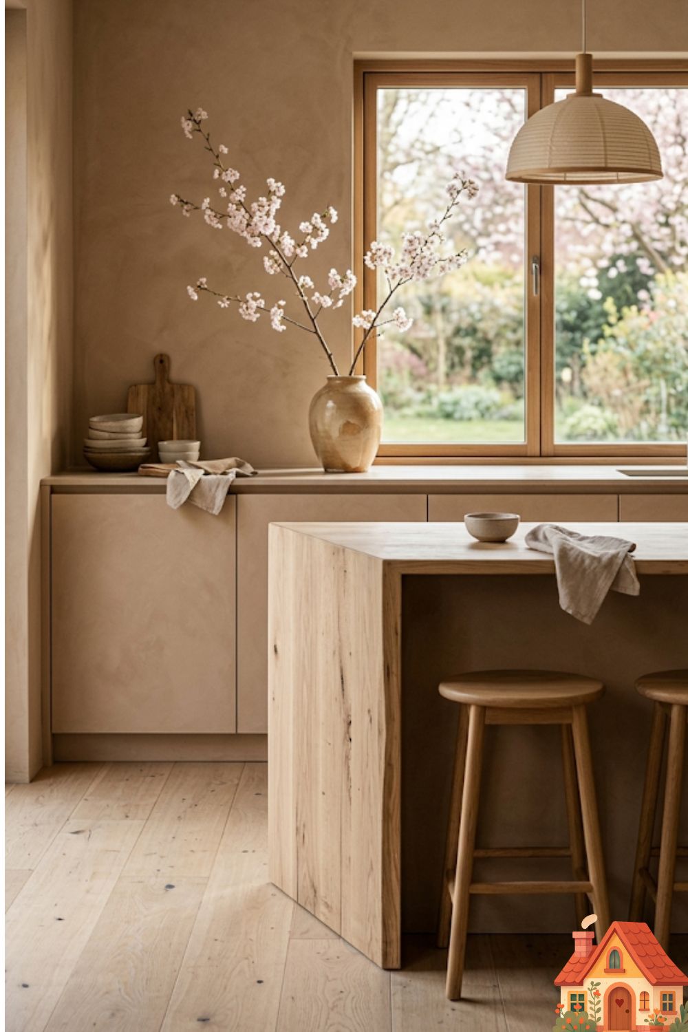 A serene, high-end Japandi style kitchen bathed in soft morning light. The walls and seamless cabinetry are a warm, matte clay color. A minimalist island made of raw, light ash wood sits in the center. A single branch of cherry blossoms rests in an imperfect, hand-thrown ceramic vase on the counter. Cinematic lighting, hyper-realistic, highly textured, 8k resolution.