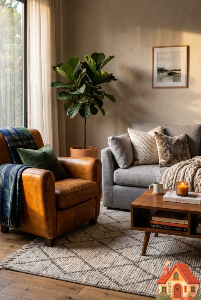  A cozy living room corner featuring a soft dove-gray fabric sofa sitting directly next to a rich, worn-in cognac brown leather accent chair. A textured wool rug lies underneath. The contrast between the cool gray and warm amber leather is striking. Cinematic lighting, inviting atmosphere.