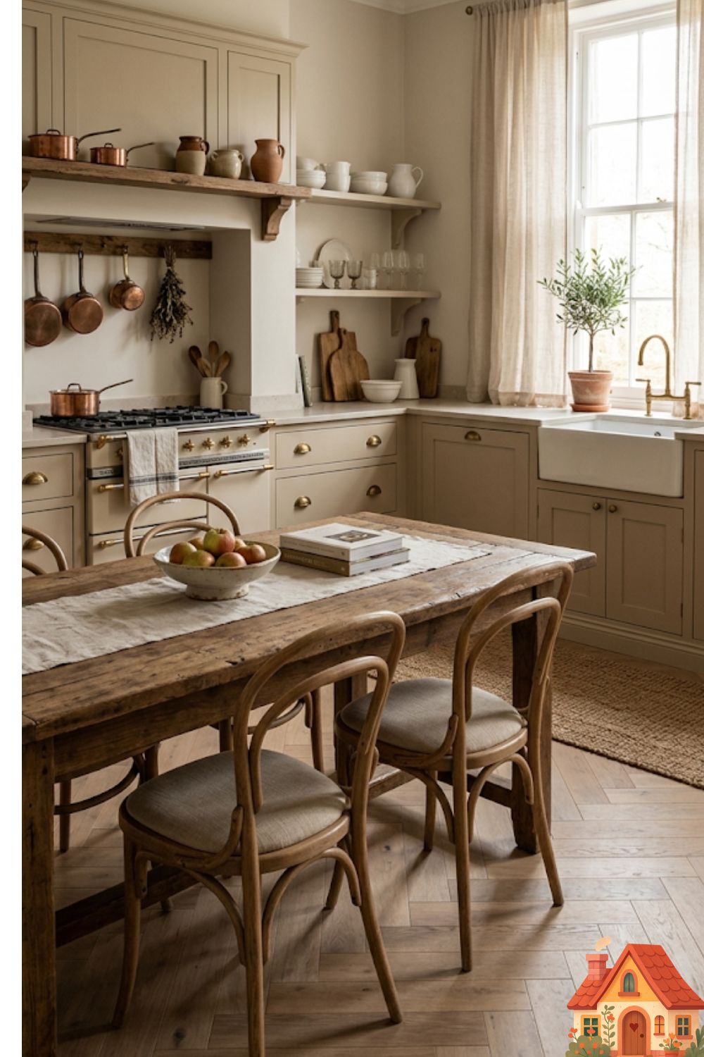 A beautiful Scandi-Elegance kitchen blending French vintage with Nordic minimalism. Warm oat-colored shaker cabinets with aged brass cup handles. A reclaimed rustic wooden dining table serves as the island, surrounded by woven linen chairs. Soft, diffused daylight filtering through sheer linen curtains. Cozy, inviting, architectural digest photography.