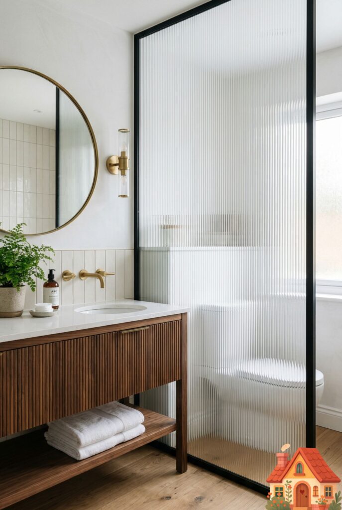 A clever, elegant bathroom layout. A floor-to-ceiling screen made of ribbed, fluted glass set in a slim black metal frame separates the toilet area from the beautiful vanity space. The glass obscures the view completely while still allowing soft, diffused light to pass through. Chic and highly functional.