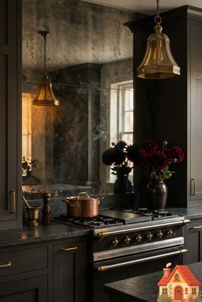 A tight, intimate kitchen space made to feel grand. The splashback behind the stove is made of heavily antiqued, smoke-tinted mirror glass, reflecting the warm glow of an elegant brass pendant light and a vase of dark burgundy dahlias. The aesthetic is moody, romantic, and beautifully space-expanding.