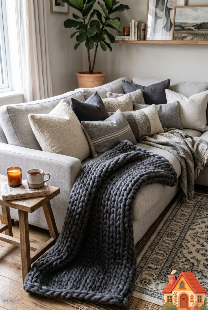 A deeply inviting light gray sofa heavily layered with textured textiles. A massive, chunky-knit dark gray wool throw blanket cascades off the seat. Multiple linen and bouclé pillows in varying shades of gray and cream. Tactile, snug, Pinterest-trending interior.