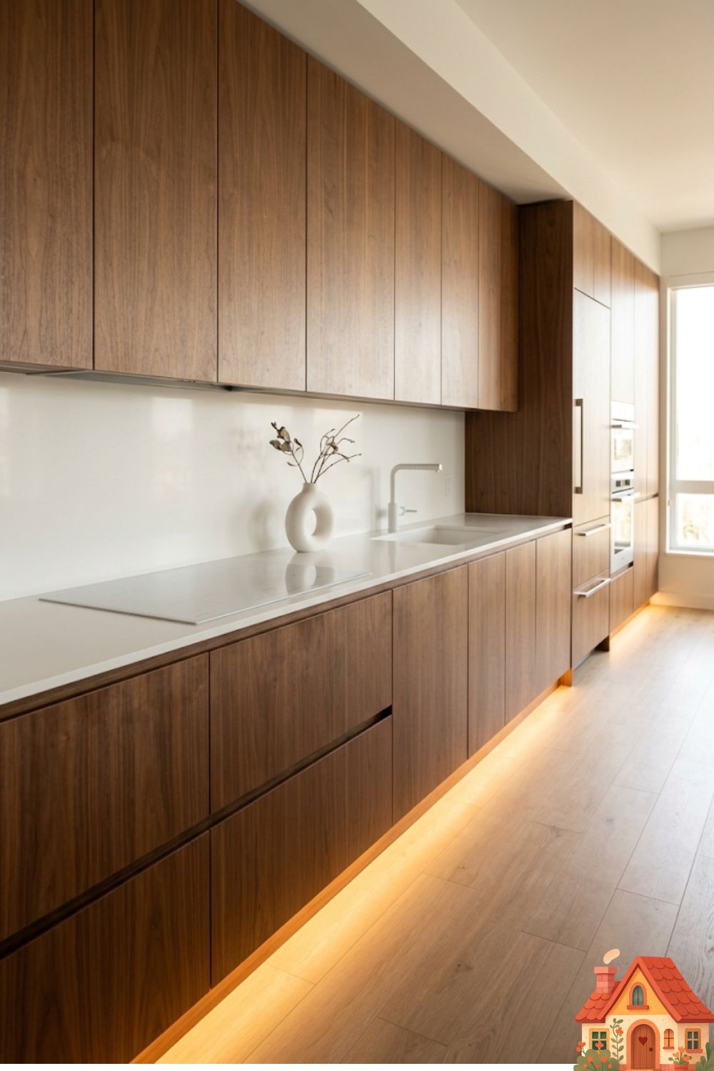 A hyper-minimalist, futuristic yet warm kitchen. Smooth, handleless walnut cabinetry with a seamless, pure white porcelain countertop. No visible appliances. A beautifully integrated, invisible induction cooktop is built directly into the stone. A soft, glowing amber LED light strip illuminates the toe-kick. Sleek, clean, ultra-modern luxury.