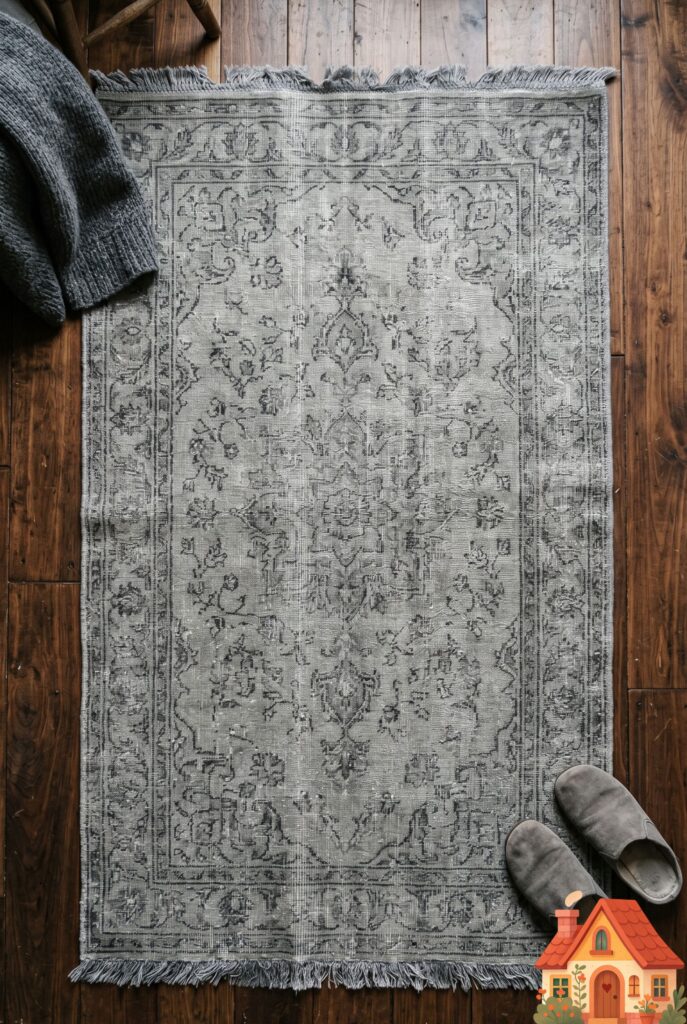 Looking down at a beautifully distressed, overdyed vintage silver-gray Persian rug laid out on a dark walnut hardwood floor. The intricate traditional patterns are faintly visible beneath the gray wash. Cozy, lived-in aesthetic, highly textured, 35mm lens.