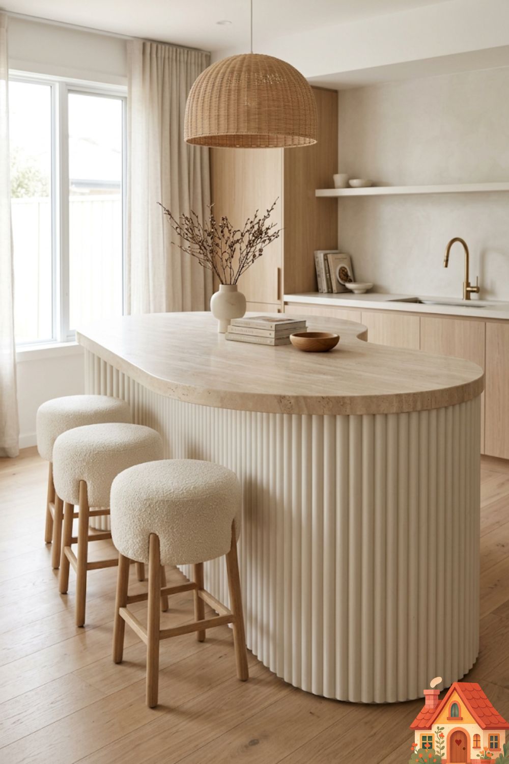 A stunning kitchen featuring a massive, kidney-shaped curved island made of smooth, honed travertine stone. The base of the island features fluted plaster detailing. Soft, rounded bar stools in cream bouclé fabric are tucked underneath. The space feels incredibly fluid, soft, and organic. Editorial interior photography.