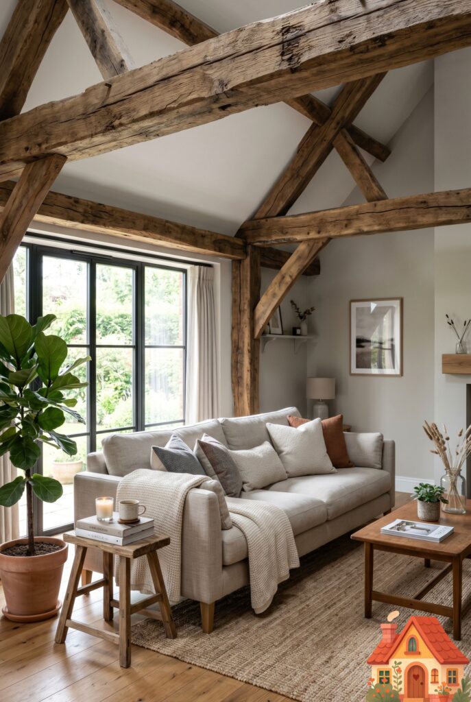 A spacious living room featuring soft, warm-gray walls and a ceiling accented with thick, rugged reclaimed barn-wood beams. A modern linen sofa sits below. The contrast between the clean gray and the rough, natural wood is stunning. Bright natural daylight, photorealistic.