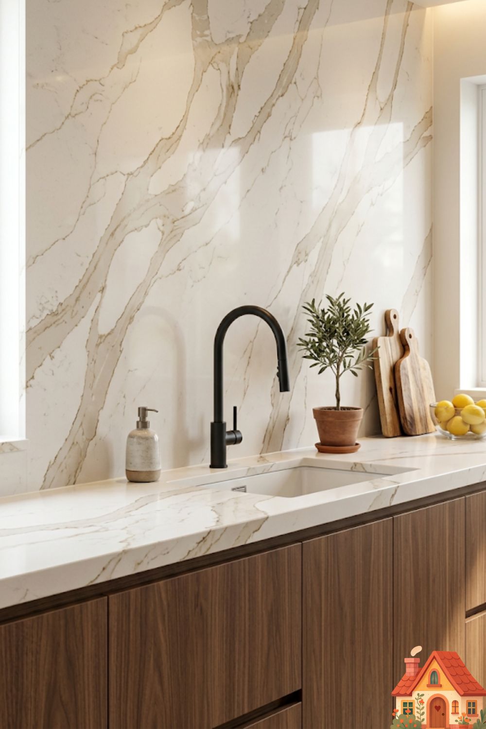 A breathtaking luxury kitchen close-up. The countertop is a stunning warm white quartz with dramatic, flowing taupe and gold veins. This exact same quartz continues seamlessly up the entire wall as a full-height splashback, with no grout lines. A sleek matte-black faucet stands elegantly in front of it. Masterpiece lighting.
