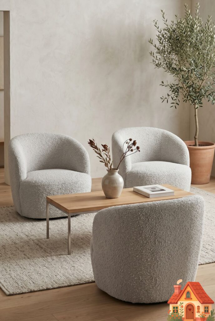 Two modern, curved accent chairs upholstered in a soft, nubby light-gray bouclé fabric, sitting opposite a sleek coffee table. The texture of the chairs looks incredibly soft and inviting. Minimalist organic design, soft professional studio lighting.