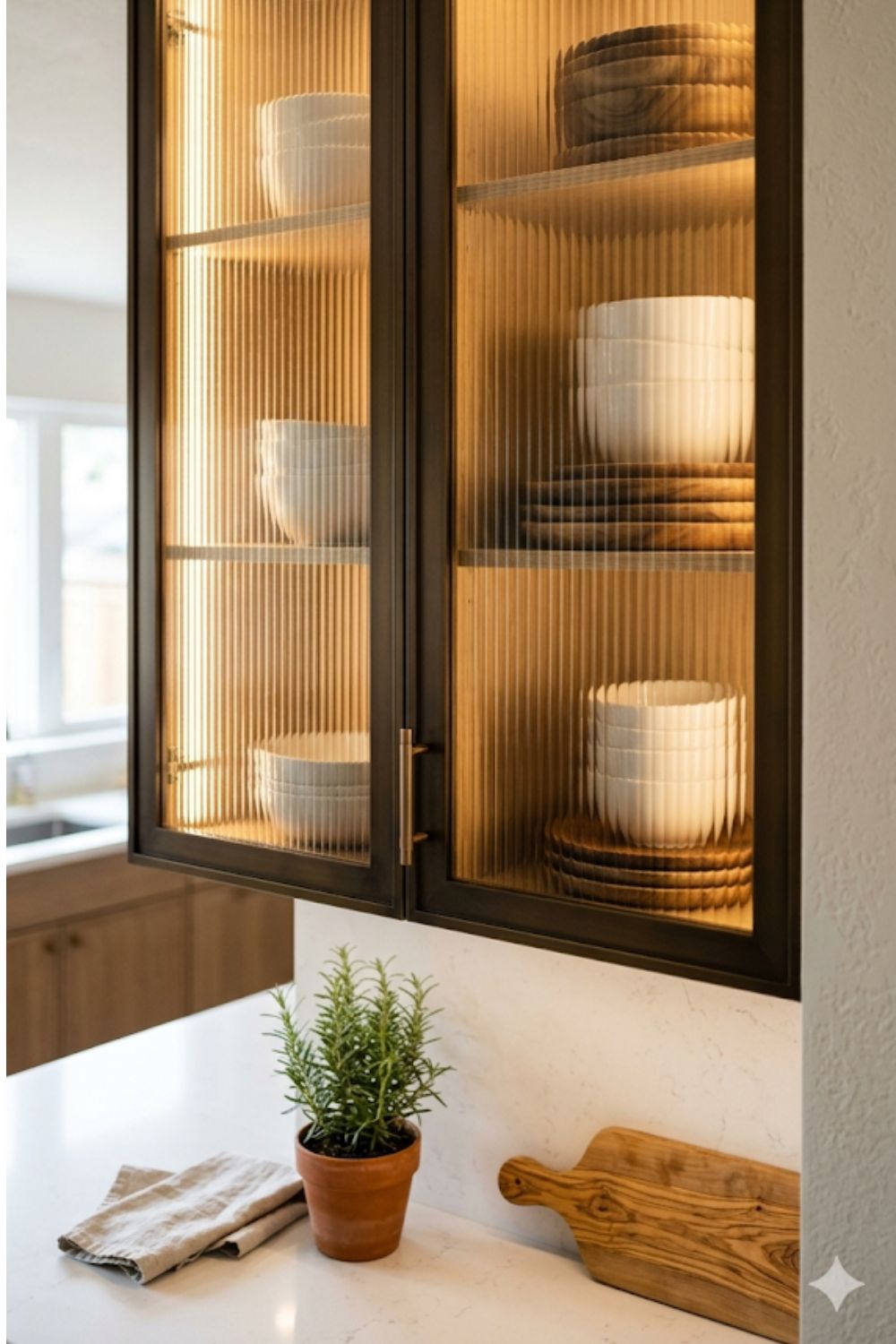 A beautiful detail shot of upper kitchen cabinetry. The cabinet doors feature ribbed, reeded glass set in dark bronze frames. Behind the beautifully textured glass, you can see the blurred, soft silhouettes of stacked white ceramic bowls and wooden plates. Warm interior cabinet lighting makes the glass glow softly.)
