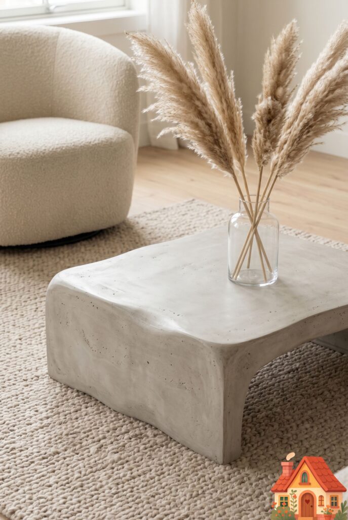  A living room center featuring a low-profile, organically shaped, light ash-gray concrete coffee table. A simple glass vase with dry pampas grass sits on top. A soft beige rug lies underneath. Modern, minimalist, tactile textures, highly detailed.
