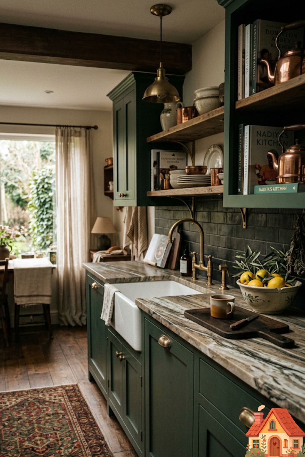 A moody, grounded kitchen featuring deep, matte forest-green cabinetry. The hardware is unlacquered, aged brass that shows a rich patina. The countertop is a warm, heavily veined soapstone. A vintage Persian runner rug in deep reds and greens lies on the floor. Atmospheric, cozy, rich aesthetic.