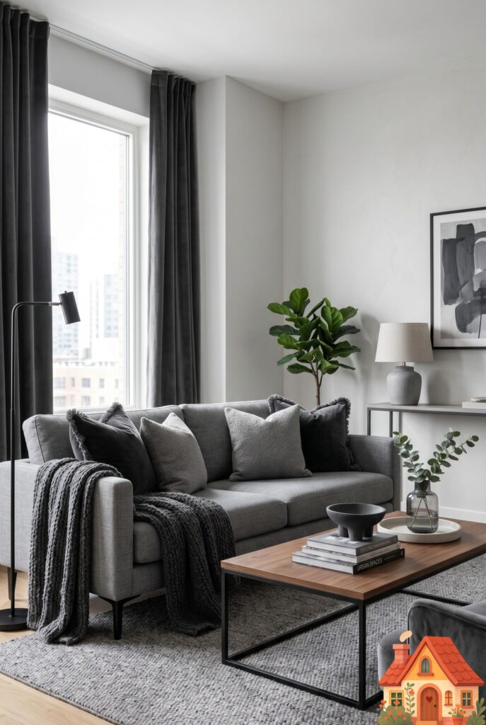 A beautifully composed living room showing a masterful gradient of gray. Very light pearl-gray walls, a mid-tone slate-gray sofa, and deep charcoal-gray velvet pillows and curtains. Everything blends harmoniously. Sophisticated, monochromatic interior design.