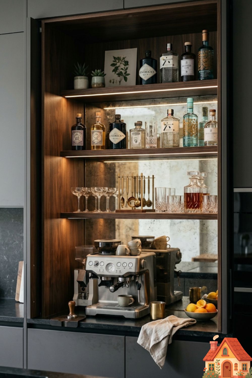 A highly curated, luxurious coffee and gin bar built into a kitchen alcove. The pocket doors are slid open to reveal dark walnut shelving lined with crystal glassware, artisan gin bottles, and a high-end matte silver espresso machine. An antique mirrored backsplash reflects warm, hidden LED strip lighting. Sophisticated and moody.