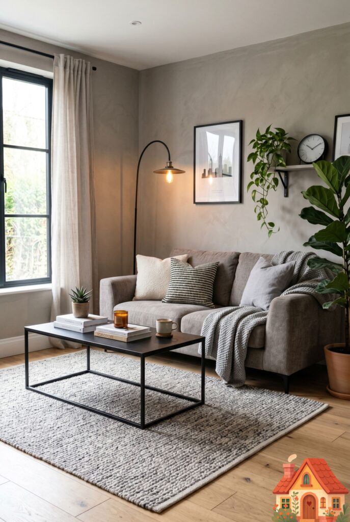 A bright, warm-gray living room featuring crisp, matte black iron accents. A thin black iron floor lamp stands next to a gray sofa, and a sleek black metal coffee table centers the room. The black pops beautifully against the soft gray. Modern industrial-chic, 8k.