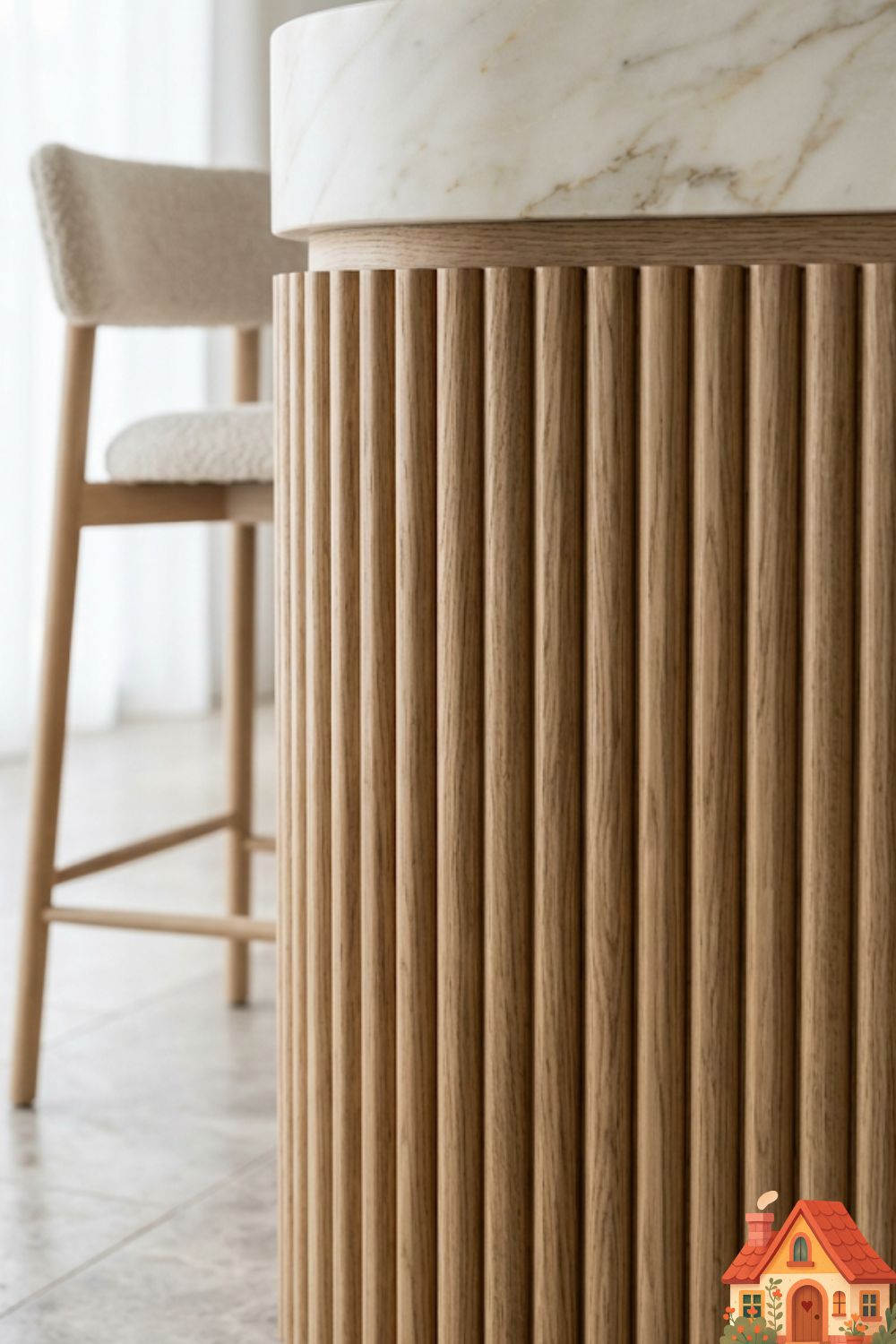 A close-up, highly detailed shot of a kitchen island base featuring beautiful, vertical fluted oak timber slats. The wood grain is natural and matte. The countertop above is a thick slab of creamy marble with a soft edge. Soft, natural light highlights the deep shadows within the fluting. Textural and highly satisfying.