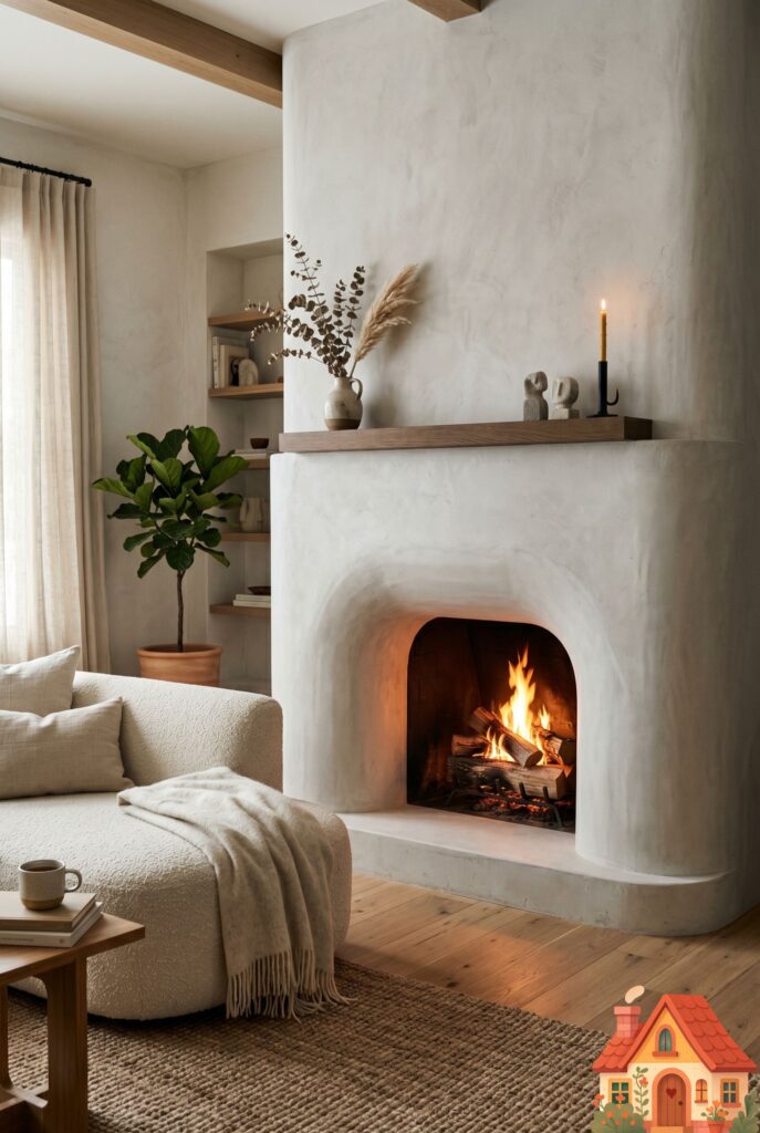 A stunning living room focal point featuring a modern, curved fireplace surround finished in soft, hand-troweled light-gray plaster. A warm fire glows inside. Minimalist decor on the mantle. Cozy, high-end architectural rendering, warm ambient light.