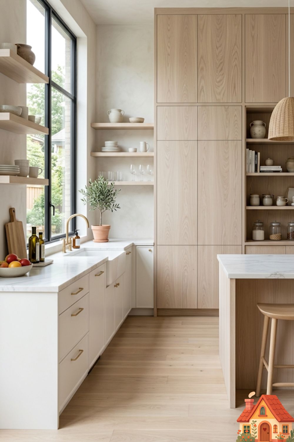 A bright, airy modern kitchen. The lower cabinets are a soft porcelain white, while a stunning, floor-to-ceiling pantry wall is made entirely of pale, washed oak with a visible, soft grain. The combination feels incredibly light, Scandinavian, and breathable. High-end real estate photography.