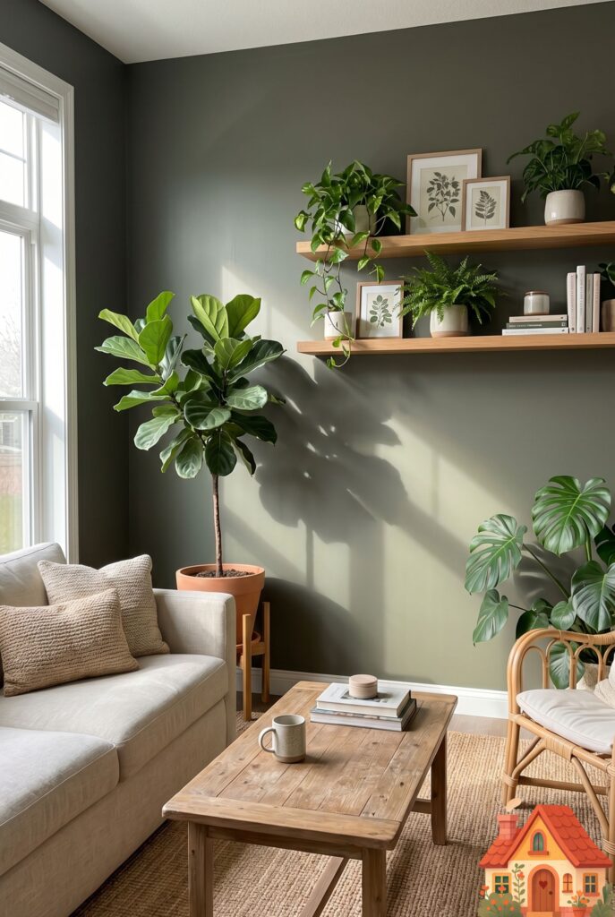A serene living room featuring walls painted in a moody, shifting gray-green olive tone. Natural wood furniture and abundant leafy indoor plants complement the color. Sunbeams illuminate the subtle green undertones. Biophilic design, peaceful and grounded.