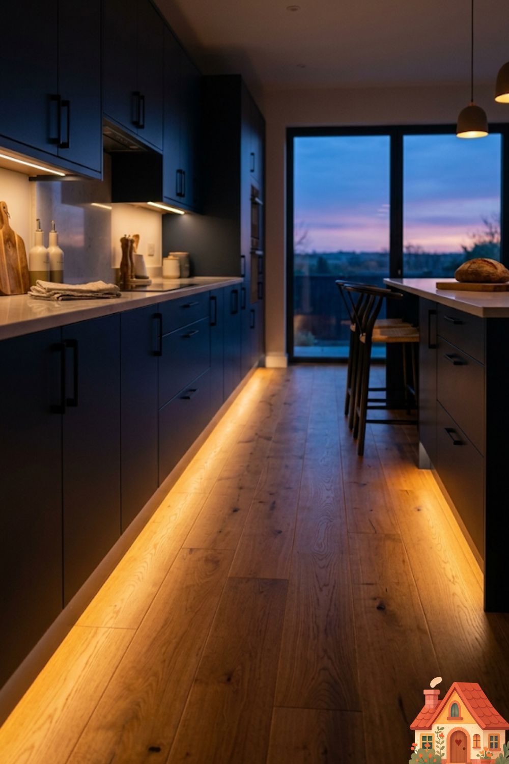 A modern kitchen captured at dusk. The main overhead lights are off. The room is beautifully illuminated by a warm, amber LED light strip glowing from the toe-kick at the bottom of the base cabinets, casting a soft, theatrical glow across the wide-plank wooden floor. Deeply relaxing, sunset vibe.