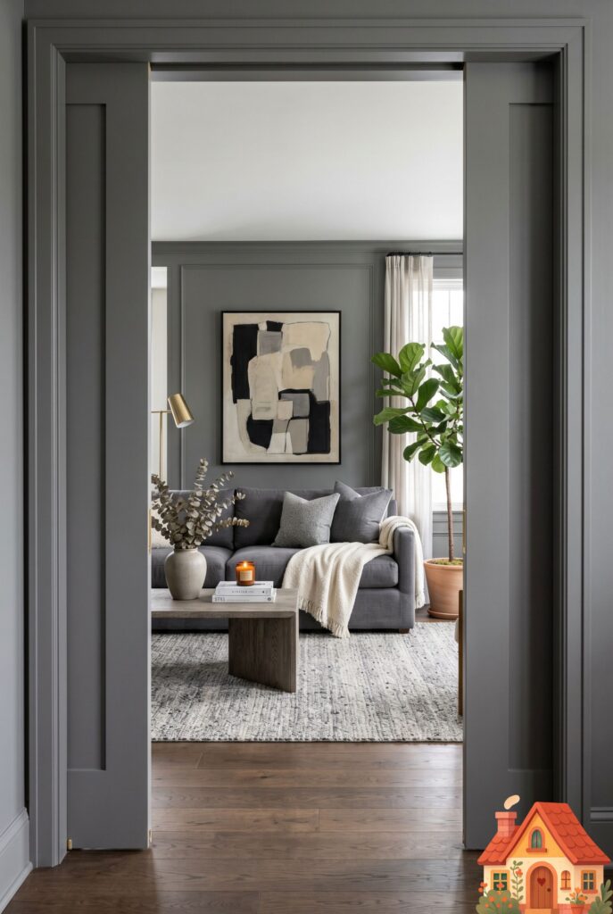 A view of a sophisticated gray living room featuring large, custom pocket doors, painted in the same matte gray as the walls, pulled halfway closed. The seamless architecture creates a sense of calm and organization. High-end, clean interior photography.