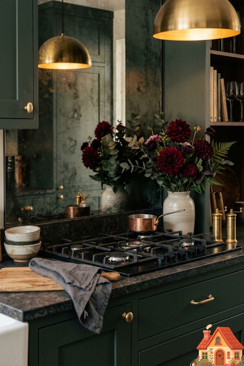 A tight, intimate kitchen space made to feel grand. The splashback behind the stove is made of heavily antiqued, smoke-tinted mirror glass, reflecting the warm glow of an elegant brass pendant light and a vase of dark burgundy dahlias. The aesthetic is moody, romantic, and space-expanding.